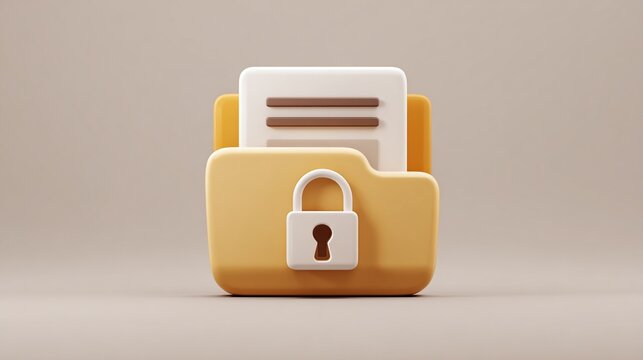 3D render of a yellow folder with documents and a padlock, symbolizing secure files