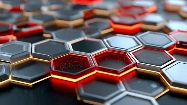 Abstract Hexagon Pattern:  A mesmerizing close-up of a geometric pattern featuring sleek, metallic hexagons in shades of grey, silver, and black, with vibrant orange highlights.