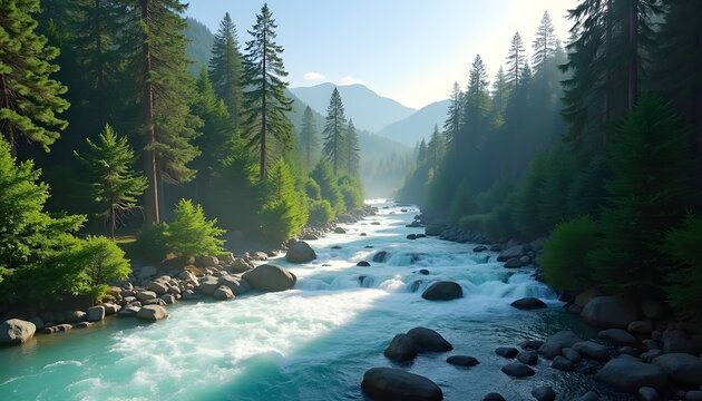 A serene river flowing through a lush green forest with mountains in the background