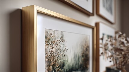 Modern brushed gold picture frame with abstract art