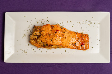 Stuffed salmon on a plate
