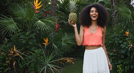 Happy woman with pineapple in a lush tropical garden setting.