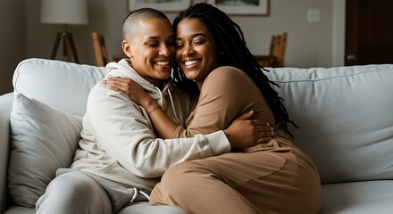 A loving couple shares a warm embrace, radiating joy and connection in their home.