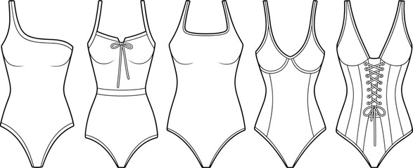 Stylish One-Piece Swimsuit Collection Flat Technical Sketch, Featuring Varied Necklines and Modern Designs, Ideal for Beachwear and Resort Apparel