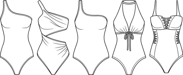 Stylish One Piece Swimsuit Collection Flat Technical Sketch, Featuring Various Necklines, Ideal for Swimwear Apparel Design and Mockups.