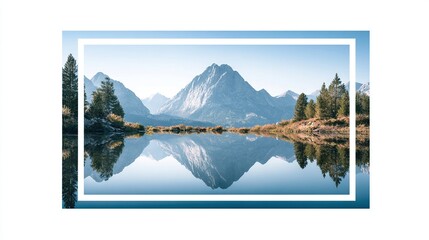 Mountain peak reflection on calm lake framed by trees in crisp, clear light