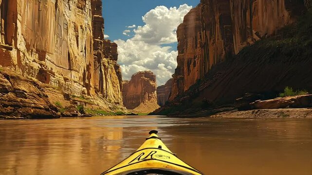 Kayaking through a stunning canyon.  Vast, sandstone walls, calm river, bright sunlight, and a sense of adventure