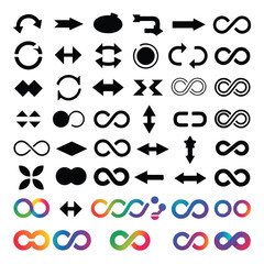 Fototapeta premium Collection of diverse arrow symbols and infinity icons in black and colorful gradient designs