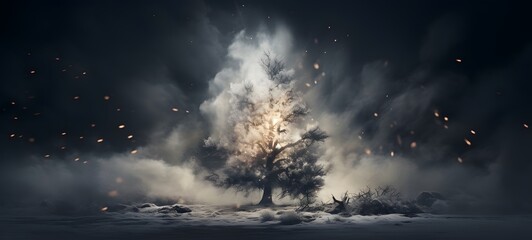 a light Christmas tree , coming out of the smoke,ai generative