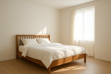 Minimalist bedroom with a wooden bed frame, white bedding, and natural light streaming in through a sheer window curtain.