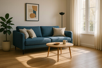 Modern living room with a blue sofa, wooden coffee table, potted plant, and large window letting in natural light.