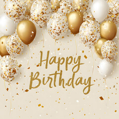 Shiny gold letter  spelling happy birthday background ,Golden letters spell out happy birthday with balloons and confetti filling the background