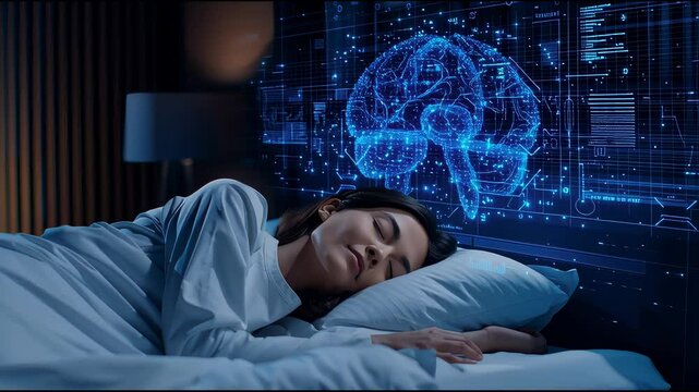 AI-Powered Brainwave Technology: A Woman Sleeping, Monitored by Advanced Neural Network Visualization