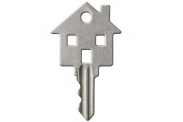Silver house-shaped key symbolizing homeownership, security, and real estate investment, isolated on a transparent background
