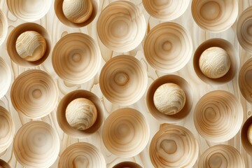Abstract wooden circles and spheres create a beautiful natural pattern. This minimalist texture is perfect for modern design, backgrounds, and serene decorative concepts.