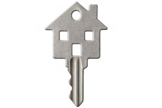 Silver house-shaped key symbolizing homeownership, security, and real estate investment, isolated on a transparent background