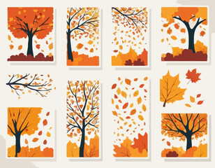 Autumn backgrounds set. Square banners with bright falling autumn leaves and tree branches. Fall season. Design element for covers and posters. Flat vector illustration collection isolated on .