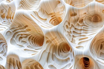 Abstract wood texture featuring organic flowing shapes and intricate carved details, perfect for modern background design. Unique pattern creates a sense of depth and artistic elegance.