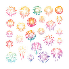 Collection of colorful abstract fireworks bursts with a gradient of pink orange yellow and green on a white background