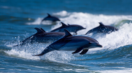 Fototapeta premium A group of dolphins leaping out from the water