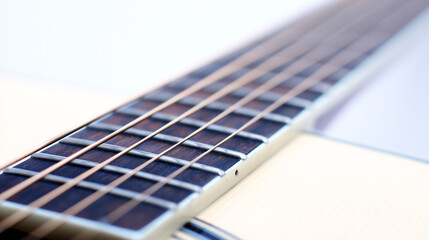 Fototapeta premium A single acoustic guitar isolated on white, showcasing detailed craftsmanship in a studio setting.