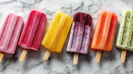 Colorful popsicles melting on marble surface