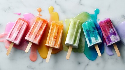 Colorful popsicles melting on marble surface