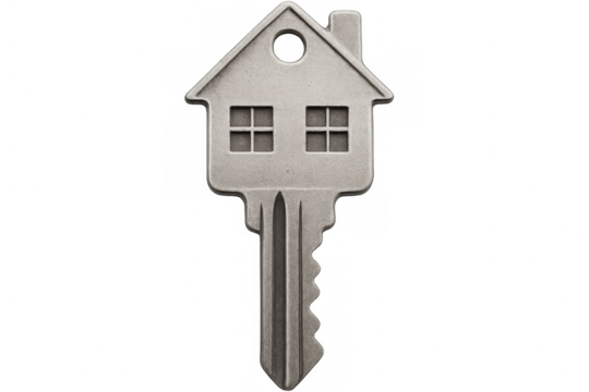 Silver house-shaped key representing home ownership, real estate security, resting on transparent backdrop with detailed architectural silhouette
