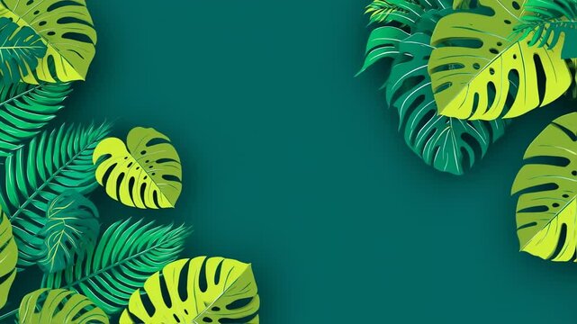 Lush Tropical Leaves Frame on Dark Teal Background with Copy Space, Paper Cut Style