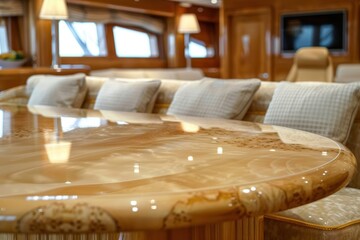 Luxurious yacht interior with a stunning glossy polished wooden table and inviting cushions showcasing high-end design and opulent comfort