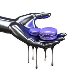Robotic hand holding a melting purple macaron
