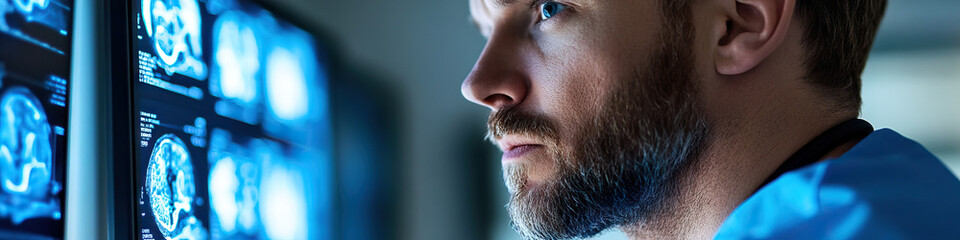 Obraz premium Man Reviewing Brain Scans on Medical Monitor