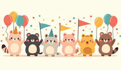 Naklejka premium Kawaii Animal Parade Walking with Flags and Balloons on transparent background 