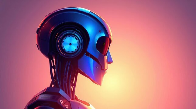 Iridescent robot in backlit silhouette