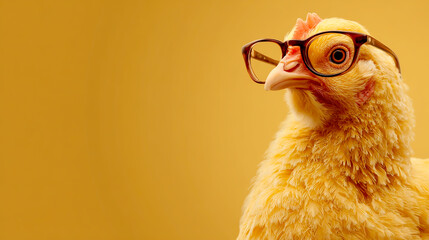 A yellow chicken wearing glasses on its head