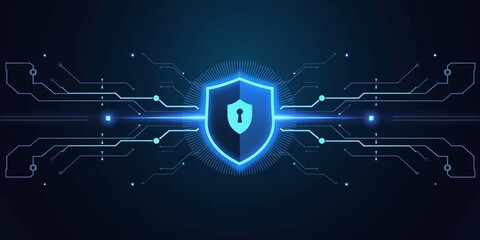 Futuristic digital shield protecting data and privacy, symbolizing cybersecurity, internet safety and online information protection