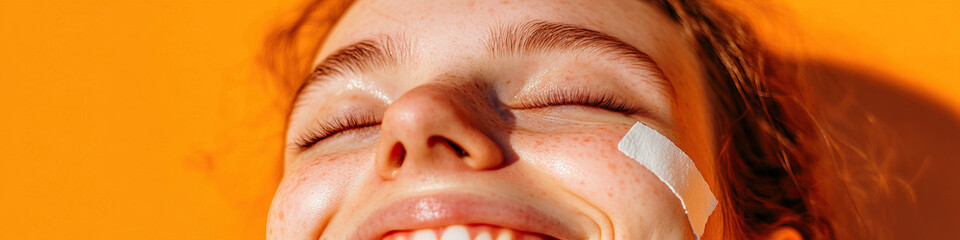 Close-up of Freckled Face with Adhesive Bandage Against Orange Background