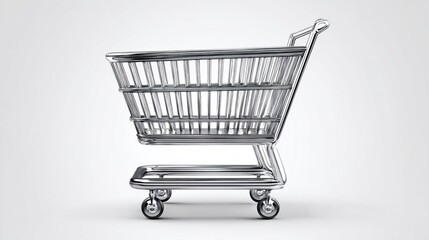 Shiny metallic shopping cart on a white background, empty and ready for use in a store
