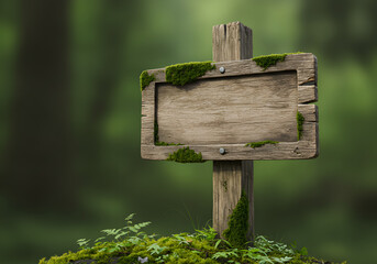 Fototapeta premium Blank Wooden Sign in Forest, Nature Landscape, Moss, Empty Board, Signpost, Background.