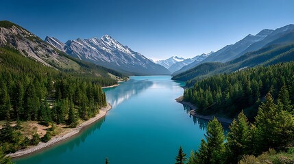 Banff National Park Majestic Panorama Turquoise Lake Snow-Capped Mountains Pine Forests Vibrant Natural Colors Scenic Landscape