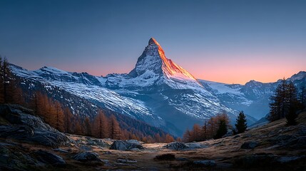 Majestic Matterhorn Switzerland Snowy Peak Sunrise Rocky Slopes Alpine Blue Sky Scenic Mountain Landscape Photography