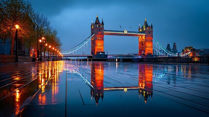 London Tower Bridge Evening Rain Moody Atmosphere Reflections Wet Street Cinematic Glow Warm Lights Urban Travel Landscape