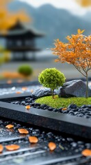 Tranquil Zen Garden with Colorful Leaves and Decorative Rocks in Serene Outdoor Setting
