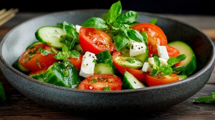 Fresh and Colorful Salad with Cherry Tomatoes, Cucumbers, Feta Cheese, and Basil on a Rustic Wooden Table