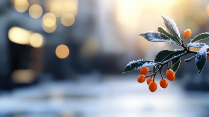 Frosty Branch with Orange Berries in Winter Landscape with Soft Bokeh Background at Sunset