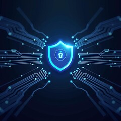 Futuristic digital shield icon glowing with cybersecurity network connections, symbolizing data protection and online privacy technology