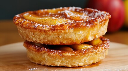 Delicious Freshly Baked Apple Tart with Golden Crust and Sweet Caramel Drizzle on a Wooden Board