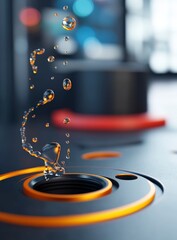Close-up of Water Droplets Suspended in Air Above a Modern Black and Orange Surface with Soft Focus Background