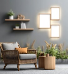 Cozy and Modern Living Room with Rattan Chair, Wooden Decor, Green Plants, and Minimalist Wall Art