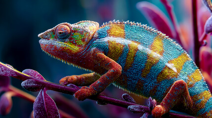 Fototapeta premium Chameleon with vibrant colors, basking in the sun on plant